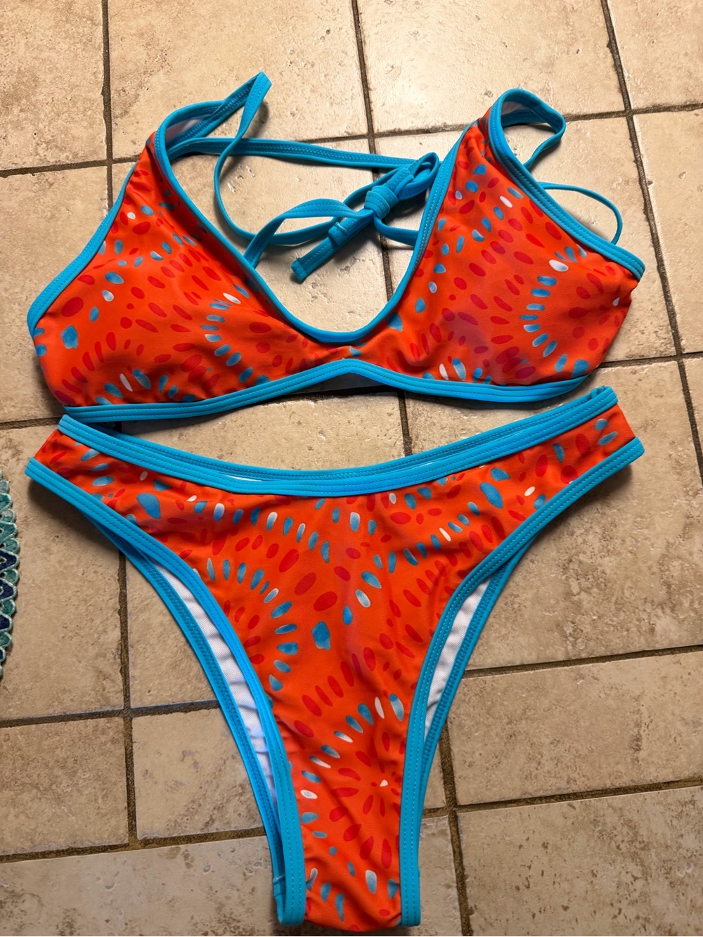 Orange & Turquoise Patterned Bikini Set